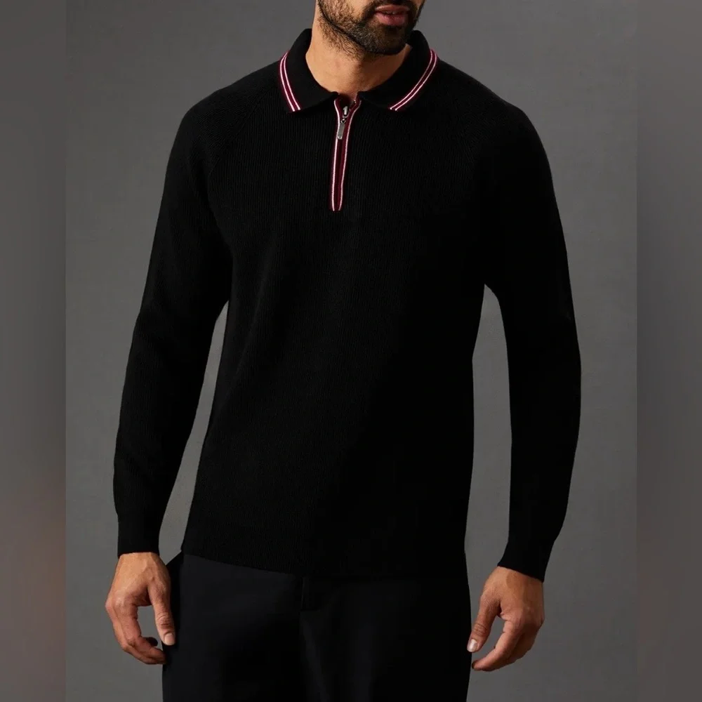 Vintage ADOLFO Italy Black Cotton 1/4 Zip Long Sleeve Collar 90s Sweater Size L